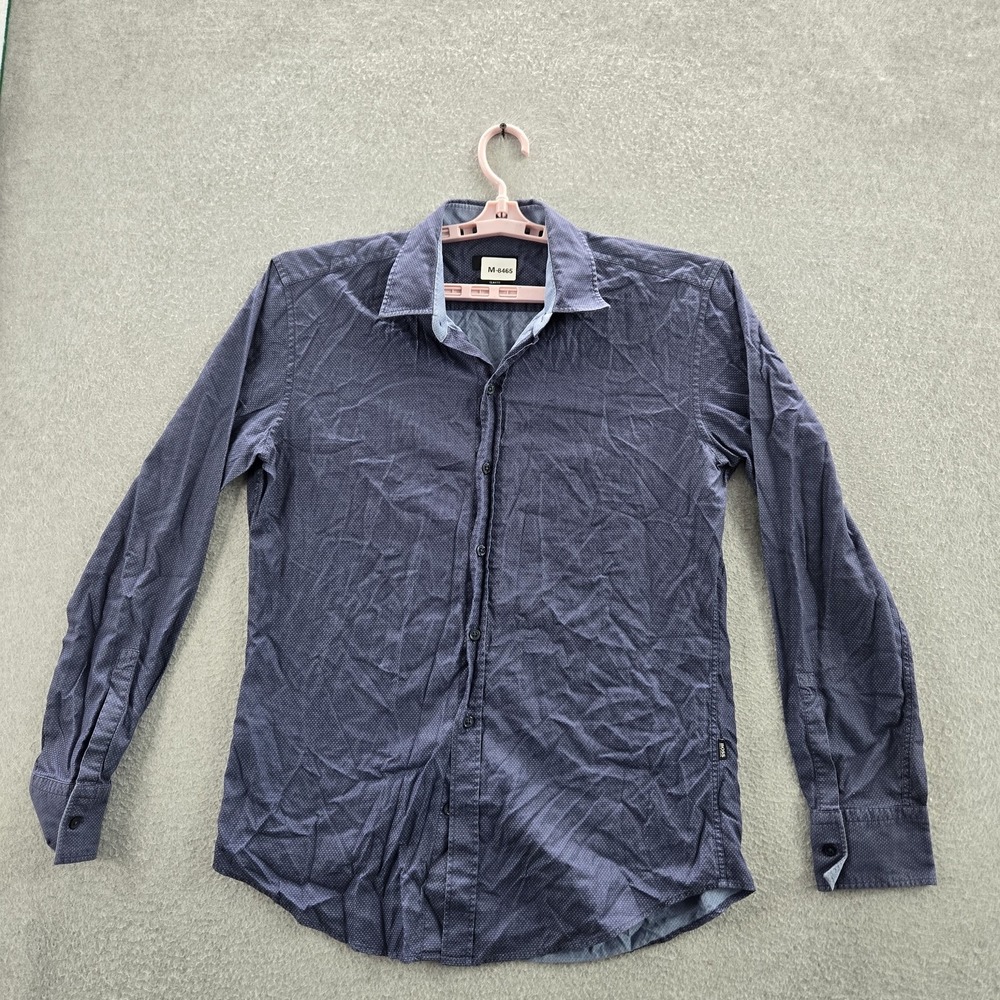Hugo Boss Men Button Up Shirt L Blue Polka Dot‎ Cotton Long Sleeve Slim Fit